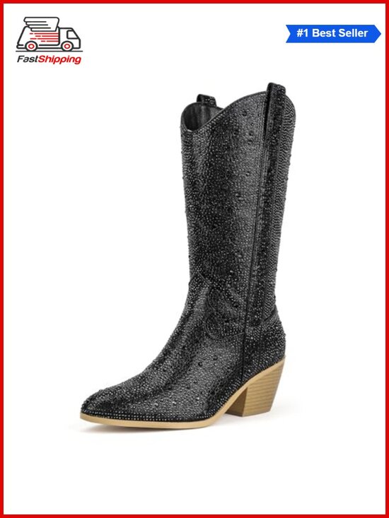 Shoes - 🎅 Rhinestone Mid Calf Western Cowgirl Boots Pointed Toe Block Heel Zip